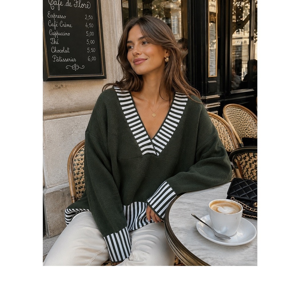 Commense Women Small Oversized Sweater Olive Green White Striped Trim V Neck NWT